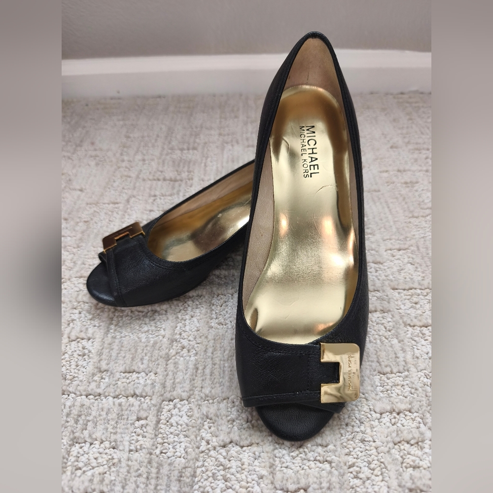 Michael Kors Beverly Demi Wedge Women's Shoes Leather Black Size 7.5 M Peep Toe